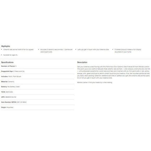 Mondo Llama 3PK Paint-Your-Own Ceramic Sea Friends Kit Octopus/Sea Turtle/Fish - Picture 5 of 6